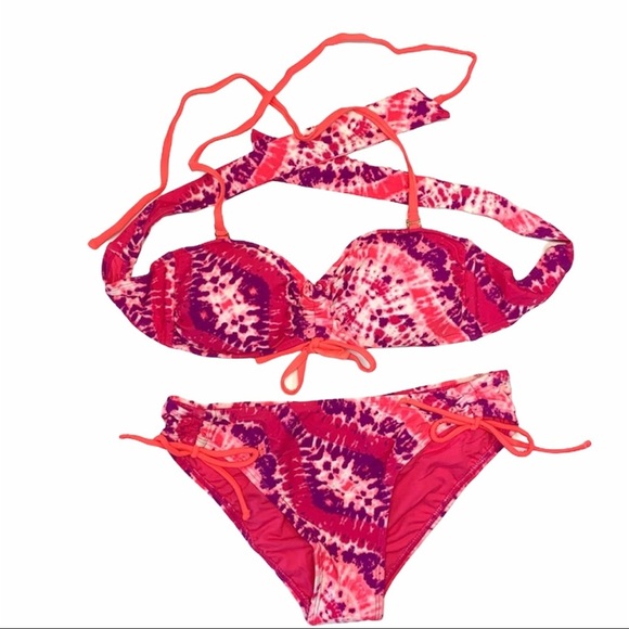 CALIFORNIA WAVES Size S Pink Tie Dye 2‎ Piece Bandeau Bikini - Picture 1 of 6